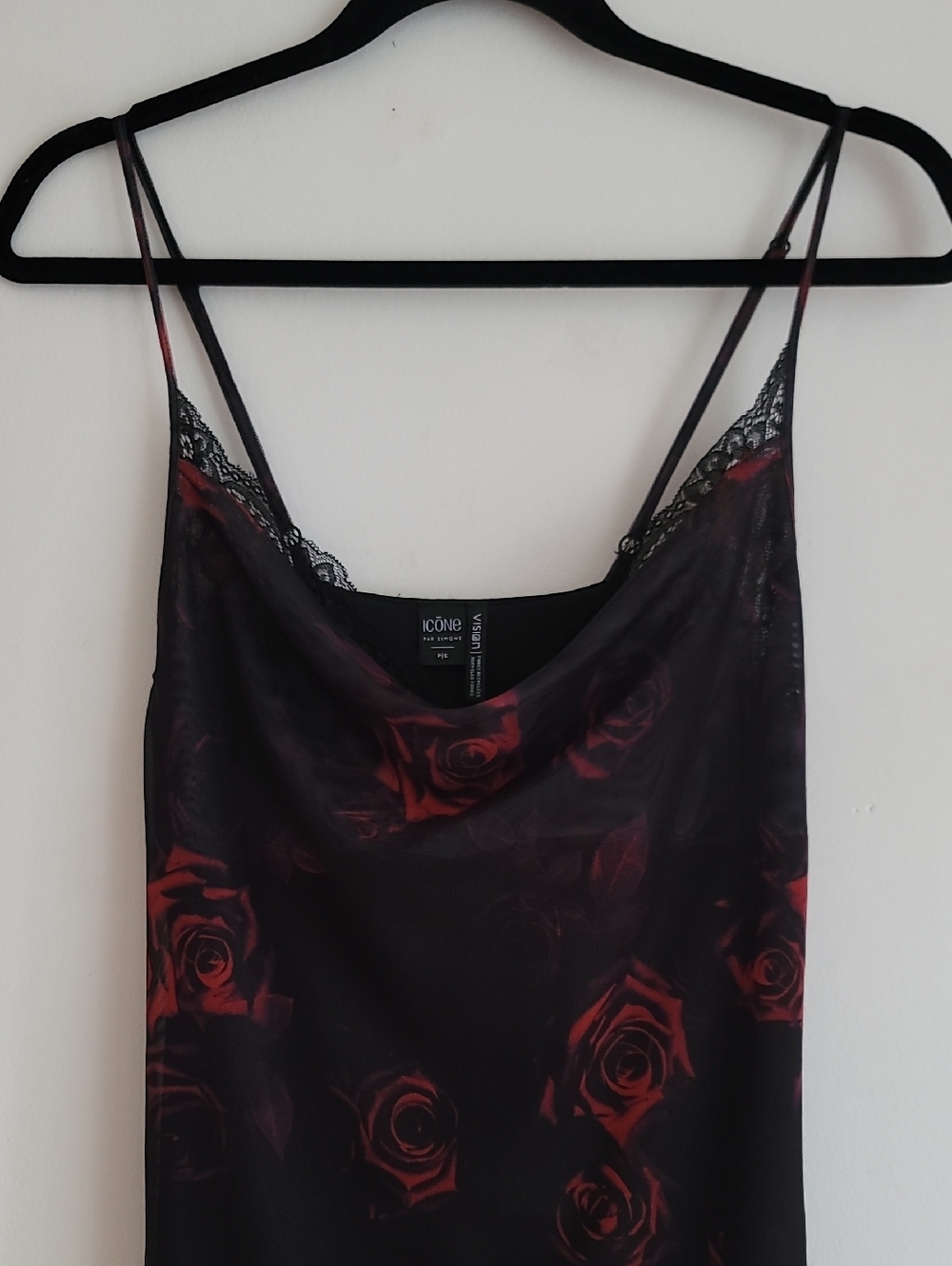 90s style Black Mesh Midi Slip Dress with Red Roses
